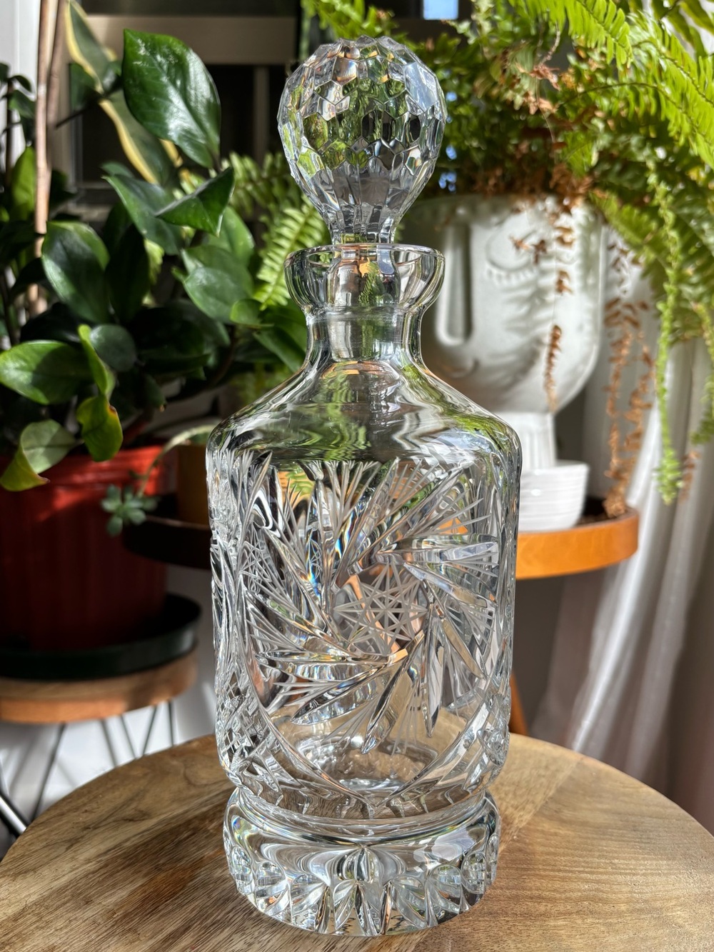 Vintage Bohemia Clear Cut Crystal Decanter with Faceted Stopper